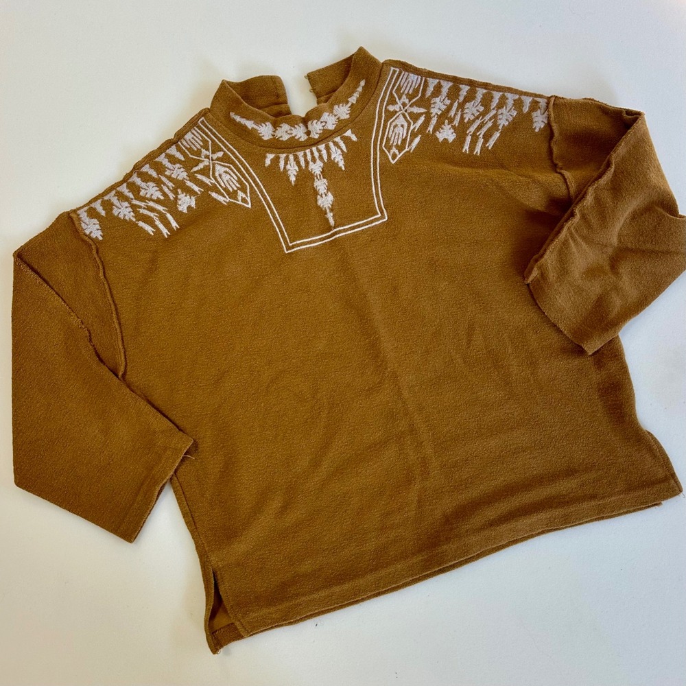 Cyan Rose Carmel Brown Embroidered Mock Neck Cotton Blouse Korean Designer Boho